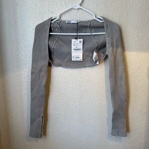 Zara Ribbed Long-Sleeve Cropped Bolero - Gray